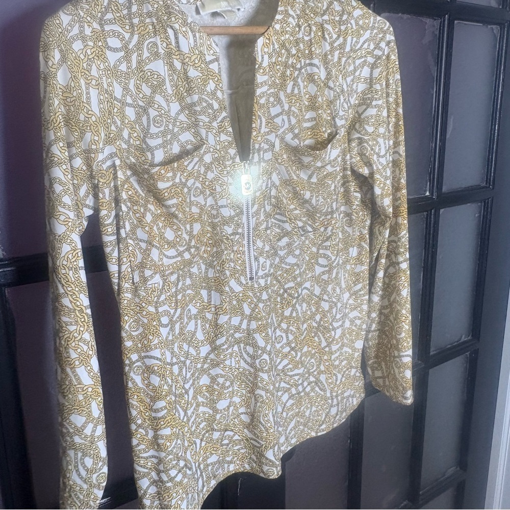 MICHAEL Michael Kors Gold Chain Print Quarter Zip Top Women’s Medium MK Logo - Picture 3 of 7